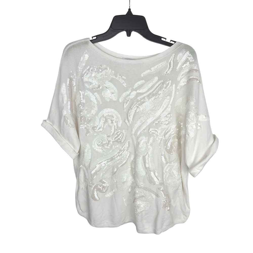 Chico's Sequin Knit Top Size 2 L White Paisley Short Sleeve Boat Neck Glam Party